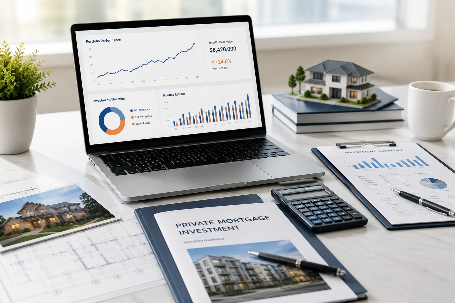 Private mortgage investment desk with appraisal documents, laptop, and calculator